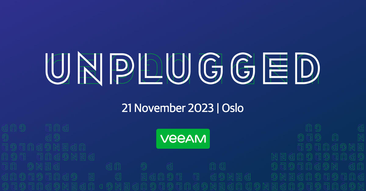 Et grafisk banner med navnet på seminaret og Veeam sin logo. Blå bakgrunn med "Unplugged 2023" skrevet i hvitt og Veeam-logoen i grønt.