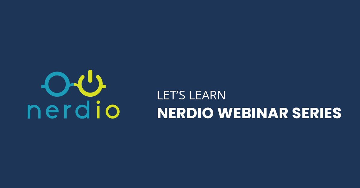 Mørk blå bakgrunn med Nerdio-logo og hvit tekst: Let's learn. Nerdio webinar series