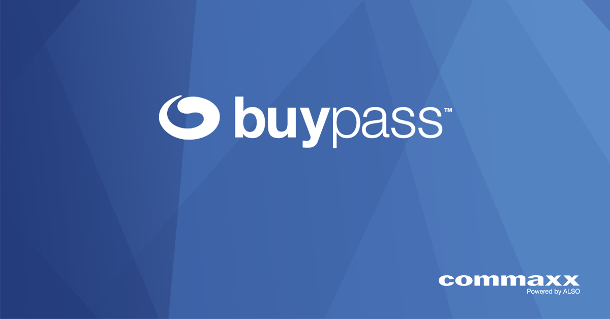 Blått banner. Buypass by Commaxx powered by ALSO