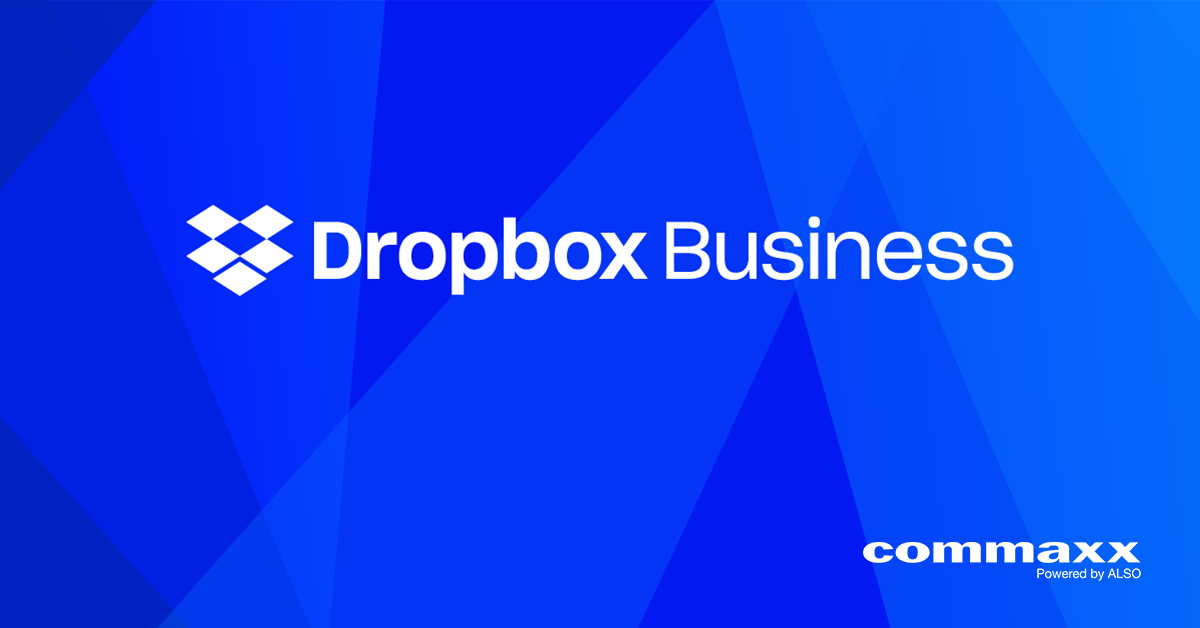Blått banner. Dropbox Business by Commaxx powered by ALSO