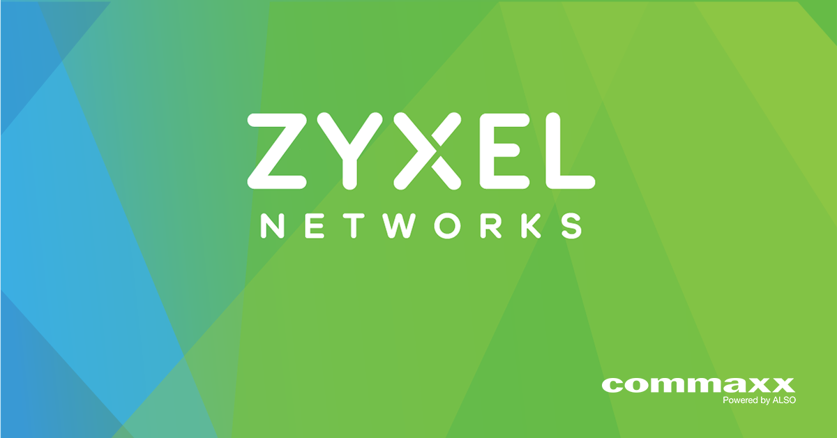Blått og grønt banner. ZYXEL by Commaxx powered by ALSO