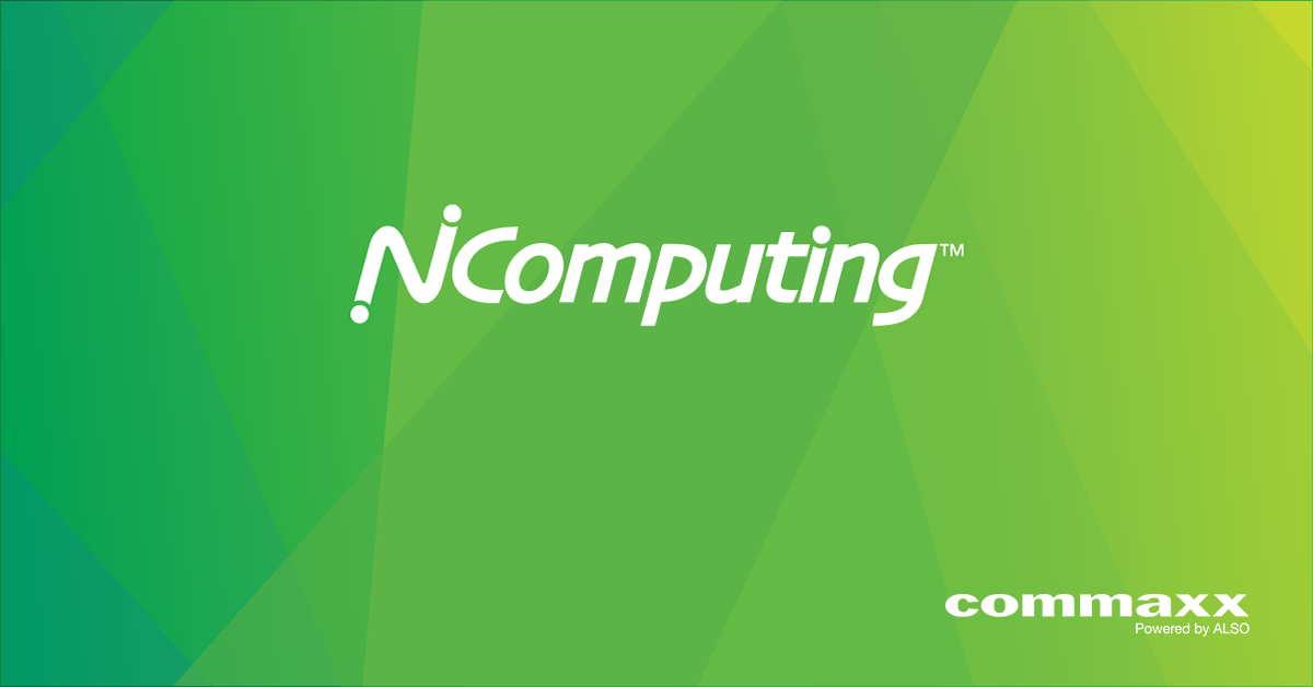 Grønt banner. NComputing by Commaxx powered by ALSO